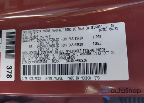 2025 Toyota Tacoma Trd Sport 2Wd z USA, uszkodzony, nr VIN 3TMKB5FN9SM035400